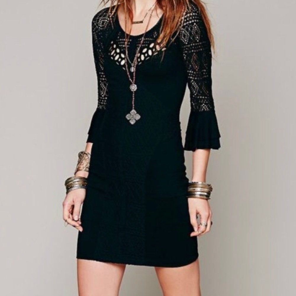 Free people double-lined black dress with lace, M